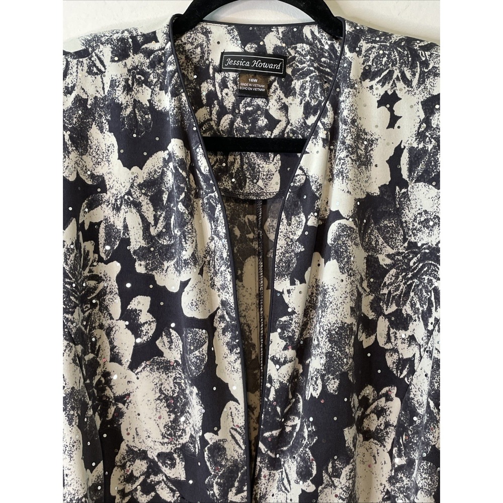 Jessica Howard Women's 16W Black Ivory Floral Open Front Jacket (ONLY) Plus Size
